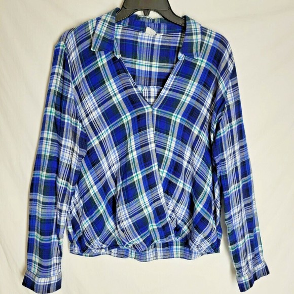 Gap Women's Long Sleeve Shirt Blue White Plaid Elastic Waist V Neck Size Medium - Picture 1 of 7
